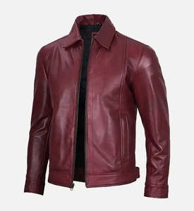 Veste en cuir de mouton véritable de qualité supérieure pour hommes, rouge vin, coupe ajustée, style motard, décontractée, classique, avec fermeture éclair - Product Image 1