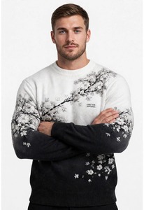 เสื้อสเวตเตอร์คอกลมแขนยาวผู้ชายโอนีเทน อาร์เพลเลอร์ลายดอกไม้สีขาวดำ - Product Image 3