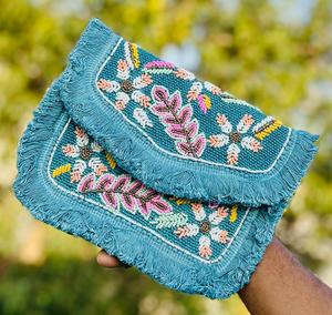 Bolso de Mano de Algodón con Cuentas Florales Vintage, con Borde de Flecos y Cierre de Cremallera, para Uso Diario - Product Image 2