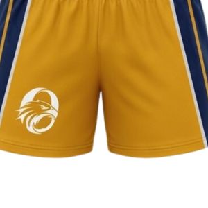 Shorts de netball unisexe jaune et bleu marine sublimés, en polyester, uniforme sportif léger, vêtements de sport avec empiècements latéraux assortis - Product Image 6