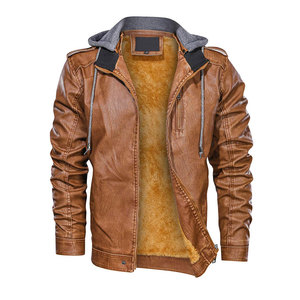 Blouson en cuir élégant pour homme, style universitaire, avec col montant tissé et capuche, confortable, décontracté, style urbain, vente en gros - Product Image 4