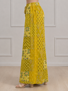 Pantalones Palazzo Estampados con Parches de Color Amarillo, Cintura Alta con Cordón, Pantalones de Playa de Verano, Estilo Boho Holgado, Proveedor Mayorista - Product Image 2