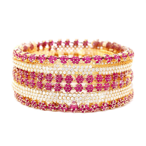 6 Gold Plated <b>Copper</b> <b>Bangles</b> with American Diamonds Pearl & Zircon-Trendy Classic Engagement Bracelets - Product Image 1