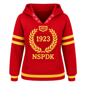 Sudadera con Capucha Bordada PDK para Mujer, Roja y Dorada, con Letras Griegas, Corona de Laurel, Cuello con Abertura, Manga a Rayas, Top de Manga Larga - Product Image 3