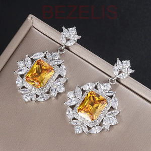 Pendientes de Diamantes Amarillos Radiantes de Corte Brillante para Mujer, Pendientes de Lujo con Halo Marquise para Mujer, Finos - Product Image 3