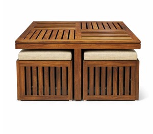 Slatted Top Solid Wood Coffee Table with 4 <b>Cushioned</b> Stools | Space Saving Nested Center Table | Jodhpur Export - Product Image 6