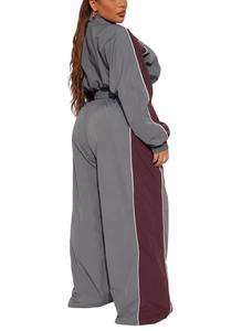 Ensemble de survêtement grande taille pour femme, gris et bordeaux, blocs de couleur, manches longues, fermeture éclair, style sportif, coupe ample, pour l'automne - Product Image 3