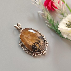 Pendentif vintage en agate dendrite tigre, en argent sterling 925 plaqué or/argent, pierre précieuse ovale bicolore pour homme et femme, idéal pour les fiançailles - Product Image 4