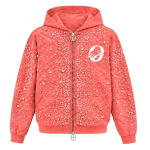 Sweat à capuche zippé rose corail perlé, orné de cristaux étincelants, style streetwear, à manches longues, avec poche avant - Product Image 1