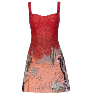 Red Orange Beaded Dress Cactus Desert Pattern Embroidery Women Sleeveless Mini Length Evening Party Wear Clothing Garment - Product Image 1