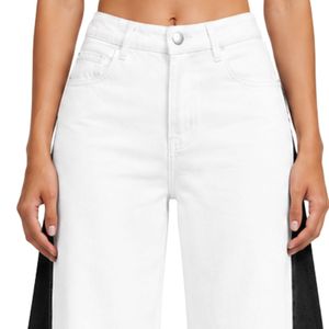 Jean large blanc et noir pour femme, taille haute, en denim bicolore, style décontracté streetwear, pantalon tendance coupe baggy - Product Image 3