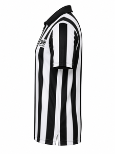 Men <b>Black</b> <b>White</b> Striped Referee Shirt Half Zip Polo Collar Short Sleeve Professional <b>Football</b> Officials Performance Game Jersey - Product Image 3