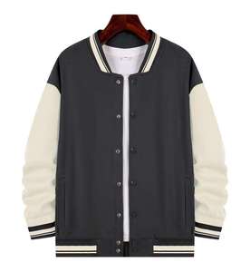 Veste varsity unisexe noire et blanche coupe-vent, couleur unie, boutonnée sur le devant, col montant décontracté, coupe régulière, vêtement d'hiver en tissu laineux - Product Image 3