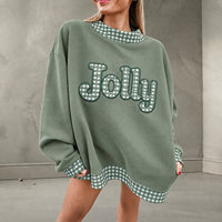 Sweat-shirt Mockeck Oversize Ample en Tissu de Haute Qualité avec Applique à Carreaux Gingham et Imprimé Lettres Joyeuses, Épaules Tombantes, Hauts d'Hiver
