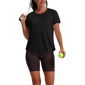Camiseta Deportiva de Manga Corta para Mujer, Cuello Redondo, Color Negro Sólido, Manga Raglán, Corte Holgado, Secado Rápido, Tejido de Punto, Primavera Verano - Product Image 5