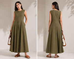 Robe midi sans manches vert olive |   Robe décontractée à col rond en mélange de coton, coupe évasée, avec poches latérales - Product Image 6