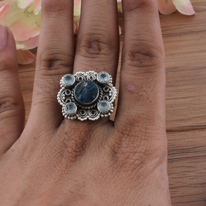 Bague de mariage et d'anniversaire vintage Art Déco en argent sterling 925 avec topaze bleue de Londres sertie clos, pour femme - Product Image 5