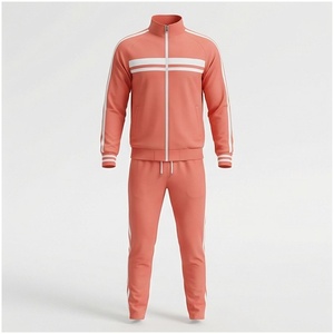 Unisex Coral Tracksuit Set Full Sleeve Stand Collar Zipper Front Striped Design Breathable Sporty Regular Fit Spring Wear - Product Image 1