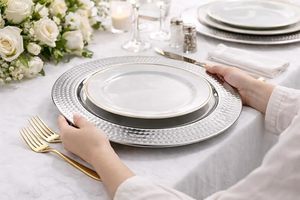 Assiette de Présentation en Acier Inoxydable Argenté Poli, Design Martelé, Décorative pour Table de Salle à Manger, Mariage et Décoration Intérieure - Product Image 3