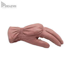 Custom Women Dusty Pink Genuine Leather Gloves, <b>Lace</b> Trim Cuff <b>Elastic</b> Wrist Driving Dress Gloves OEM Wholesale - Product Image 2