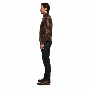 Premium <b>Men's</b> Slim Minimalist Dark Brown Moto <b>Jacket</b> 0.8mm Goatskin <b>Leather</b> Stand Collar Breathable Windproof Sustainable - Product Image 3