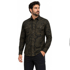 Chemise de travail à manches longues pour homme en coton noir à imprimé cachemire, confortable, uniforme de mode imprimé à l'écran - Product Image 4