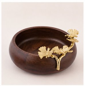 Handcrafted Luxury Wooden Serving Bowl With Artisan Brass Ginkgo Leaf Accents Elegant Centerpiece For Modern Home <b>Table</b> Decor - Product Image 5