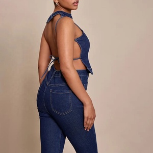 Débardeur court en jean sans manches pour femme, couleur unie, col montant, ajusté, style décontracté printemps, délavé, dos nu - Product Image 2