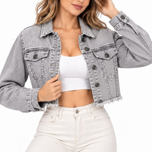 Veste en jean courte pour femme, couleur unie, manches longues, col rabattu, ourlet effiloché, respirante, style camionneur, pour le printemps - Product Image 1