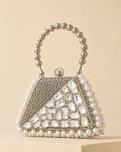 Lady Evening Fashion Brass Framed Embroidered Pearl Rhinestone <b>Hand</b>-<b>Carry</b> Mobile Sling <b>Bag</b> Handmade Mini with Push Lock Closure - Product Image 4