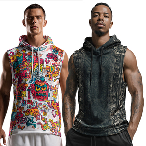Workout Muscle Fit Printed Sleeveless Vest Tops Gym Wear Sublimation Washed Tops High Quality Printed Wash Hoodie Vest - Product Image 1