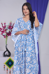 Robe Kaftan en Coton 100% à Imprimé Floral Bleu pour Femme, Coupe Classique, Longueur Genou, Manches Courtes, Col en V, Formelle d'Hiver, Respirante - Product Image 5