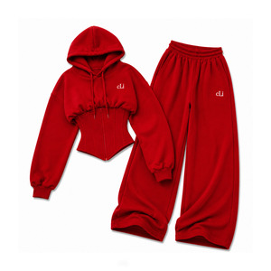 Low MOQ Y2K Luxury <b>Red</b> <b>Corset</b> Waist Cropped Hoodies OEM Women's Contemporary Tracksuit Heavyweight Cotton Fleece Wide Leg Pants - Product Image 1