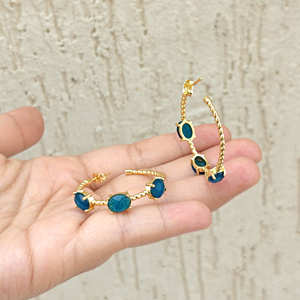 Best selling jewelry oval cut blue apatite jade twisted rope hoop <b>earrings</b> brass 18k gold plated prong set triple gemstone hoops - Product Image 4