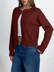 Cardigan en tricot bordeaux pour femme, manches longues, col rond, boutonné, pull décontracté - Product Image 6