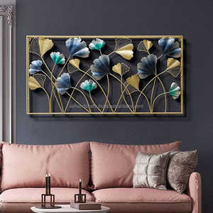 Sculpture murale florale en métal encadrée de style nordique, artisanale, branche de fleur dorée et bleue, plaque décorative à suspendre au mur - Product Image 5