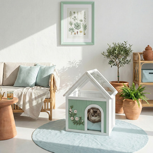 Maison pour chat d'intérieur en cèdre avec toit en acrylique transparent, design américain moderne blanc menthe, maison pour animaux toutes saisons avec motif floral - Product Image 2
