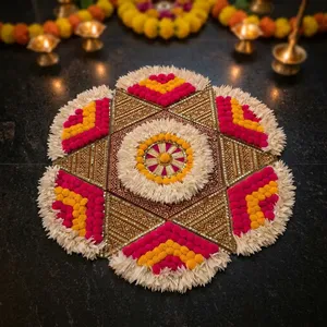Décoration d'intérieur artisanale en forme de fleur Rangoli avec pompons roses et jaunes, style bohème, art de table pour salon, utilisation en intérieur - Product Image 4