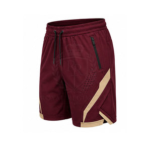 Men's Maroon Sport <b>Shorts</b> With Beige Stripes Quick Dry Drawstring Waist <b>Zip</b> <b>Pockets</b> Knitted Polyester Athletic Wear - Product Image 3