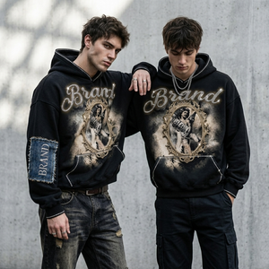 Sweat-shirt à capuche personnalisé avec motif ange en strass pour homme, en coton épais, avec patch sur les manches en denim, effet délavé vintage, coupe oversize, noir, style streetwear Y2K - Product Image 3
