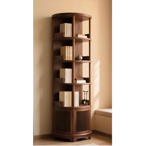 Modern Teak Wood Rotating <b>Bookcase</b> Cabinet with <b>Open</b> Shelves and Elegant Space Saving Storage Design - Product Image 1
