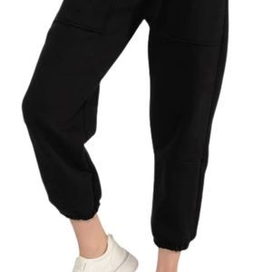 Women's Black Cargo <b>Jogger</b> Pants Elastic Drawstring Waist Casual Sweatpants with Side Pockets <b>Cuffed</b> Ankles for Workout - Product Image 3