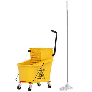 Seau à serpillière jaune de 38 litres avec poignée et essoreuse à pression sur roulettes, chariot de nettoyage en plastique PP - Product Image 1