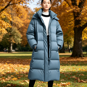 Long Quilted <b>Winter</b> Jacket With Hood Full Sleeves Zipper Closure Solid Color Polyester Shell <b>Thick</b> Warm <b>Coat</b> - Product Image 6