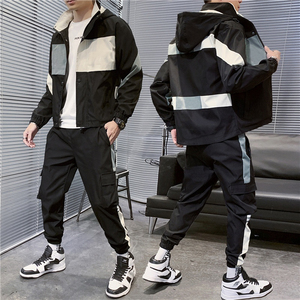 Ensemble de costumes pour hommes décontractés avec logo personnalisé, coupe-vent en épissure, survêtement à fermeture éclair, vêtements de sport, coupe-vent élégants 2 pièces - Product Image 3