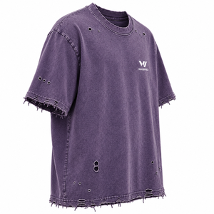 T-shirt en coton surdimensionné pour homme Warpro, manches courtes, style streetwear, design délavé, col rond, couleur unie, violet - Product Image 2