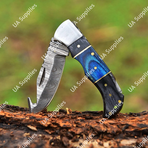 Cuchillo de bolsillo EDC plegable de acero de Damasco hecho a mano, con gancho para tripas, mango de madera Pakka, para camping al aire libre, ODM DIY, ¡Gran oferta! - Product Image 2