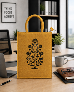 Mustard Jute Tote <b>Bag</b> with Black Hand Block Print Zipper Eco Friendly <b>Reusable</b> Shopping <b>Bag</b> - Product Image 1