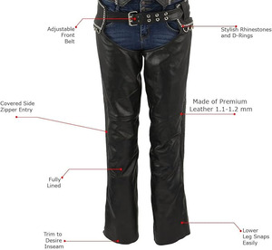 Chaps de Motocicleta Samroz Sports SP-500-01 para Mujer, de Cuero Premium, sin Mangas, con Pedrería, Cinturón Ajustable, Completamente Forrados, para Todas las Temporadas - Product Image 4