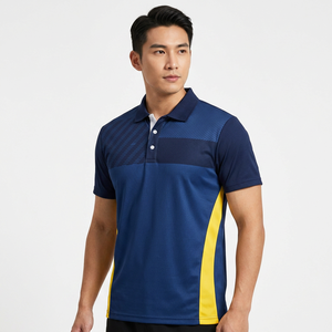 Polo pour homme, bleu et jaune, à blocs de couleur, manches courtes, tricoté, 100% polyester, séchage rapide, vêtements décontractés - Product Image 6